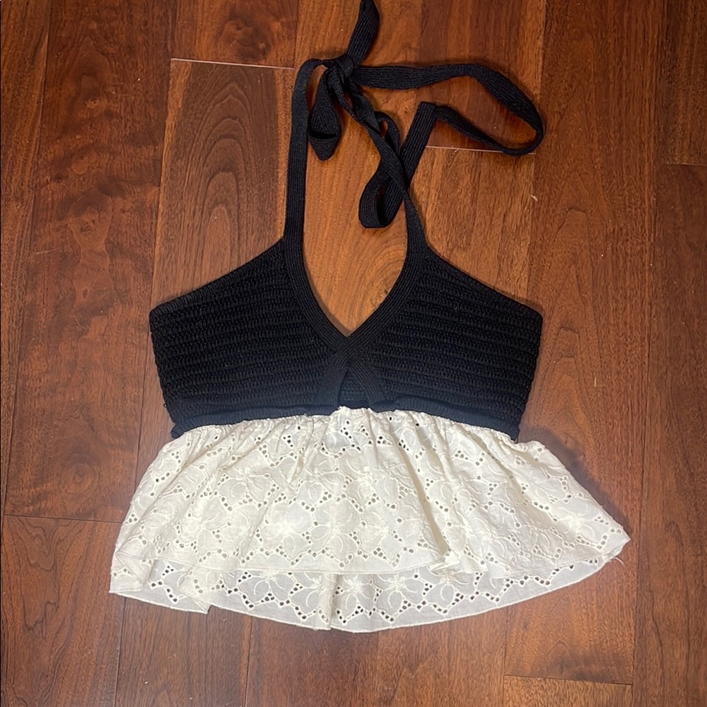 Zara Black & White Halter Crochet Crop Top